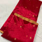 Crimson Red handloom Chanderi saree draped, showing the fine antique-gold edging