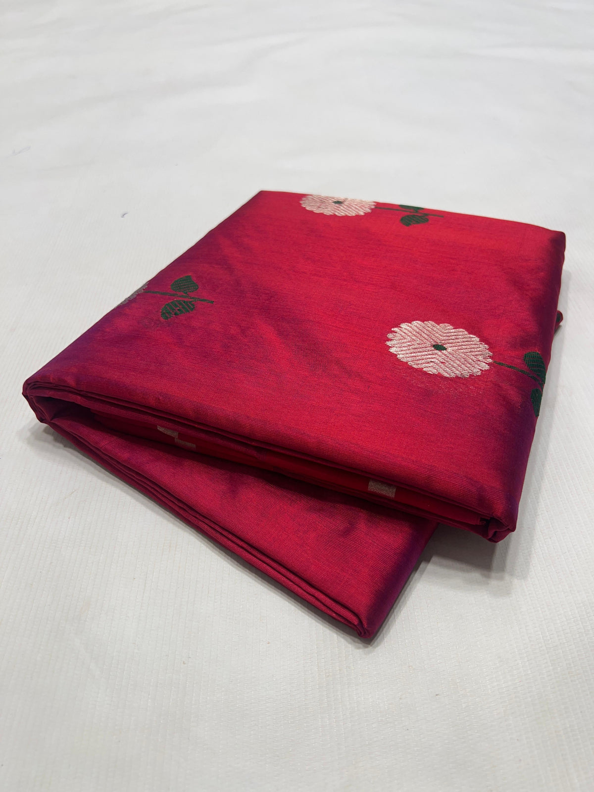 Raspberry Red handloom Chanderi saree with broad silver woven pallu and fine silver border