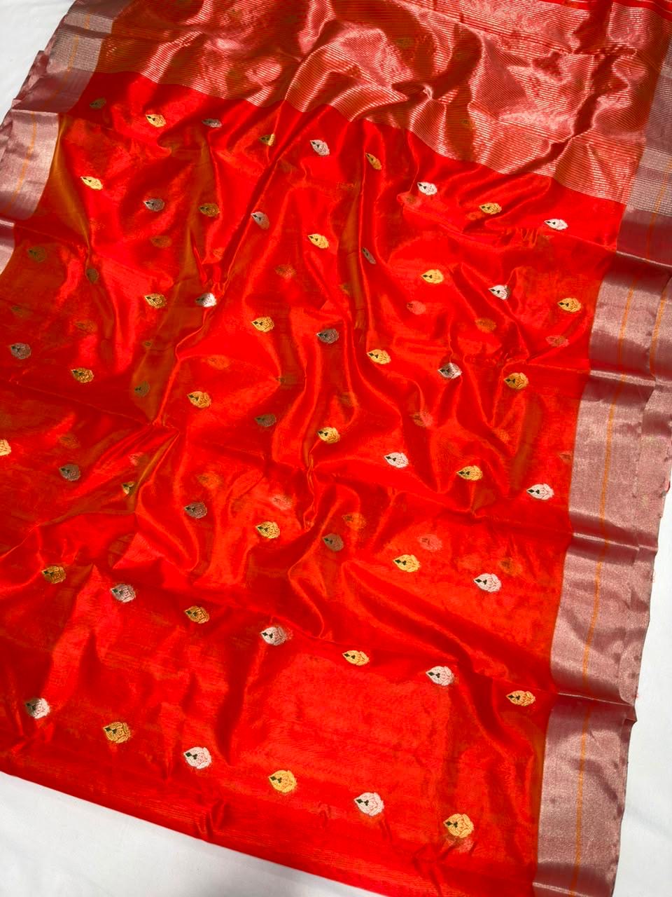 Red Pattu Silk Chanderi saree with dual-tone metallic leaf buttas, silver border and finely striped silver pallu