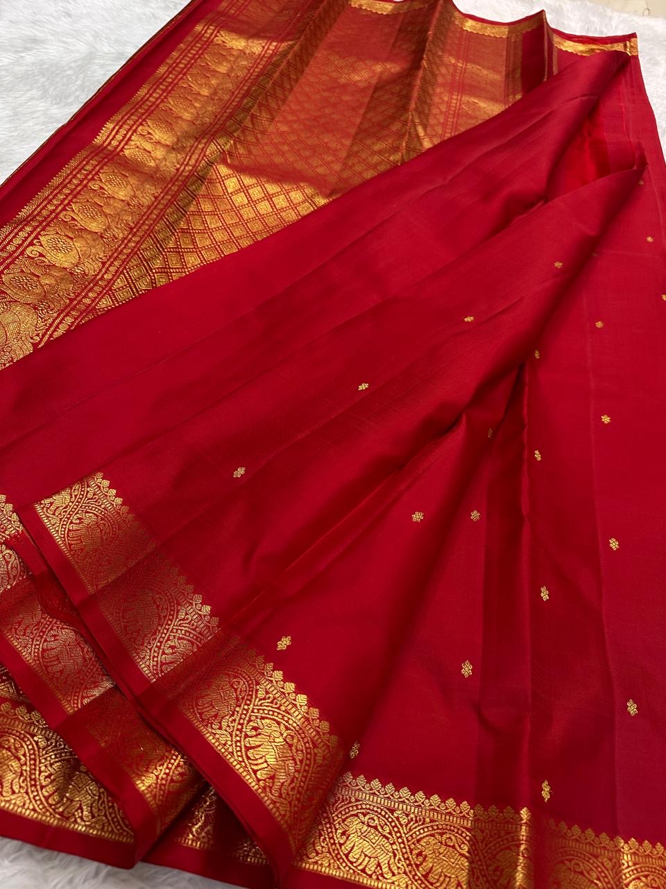 Classic Red Handwoven Pure Silk Kancheepuram Saree with Small Gold Buttas & Petite Zari Elephant Border