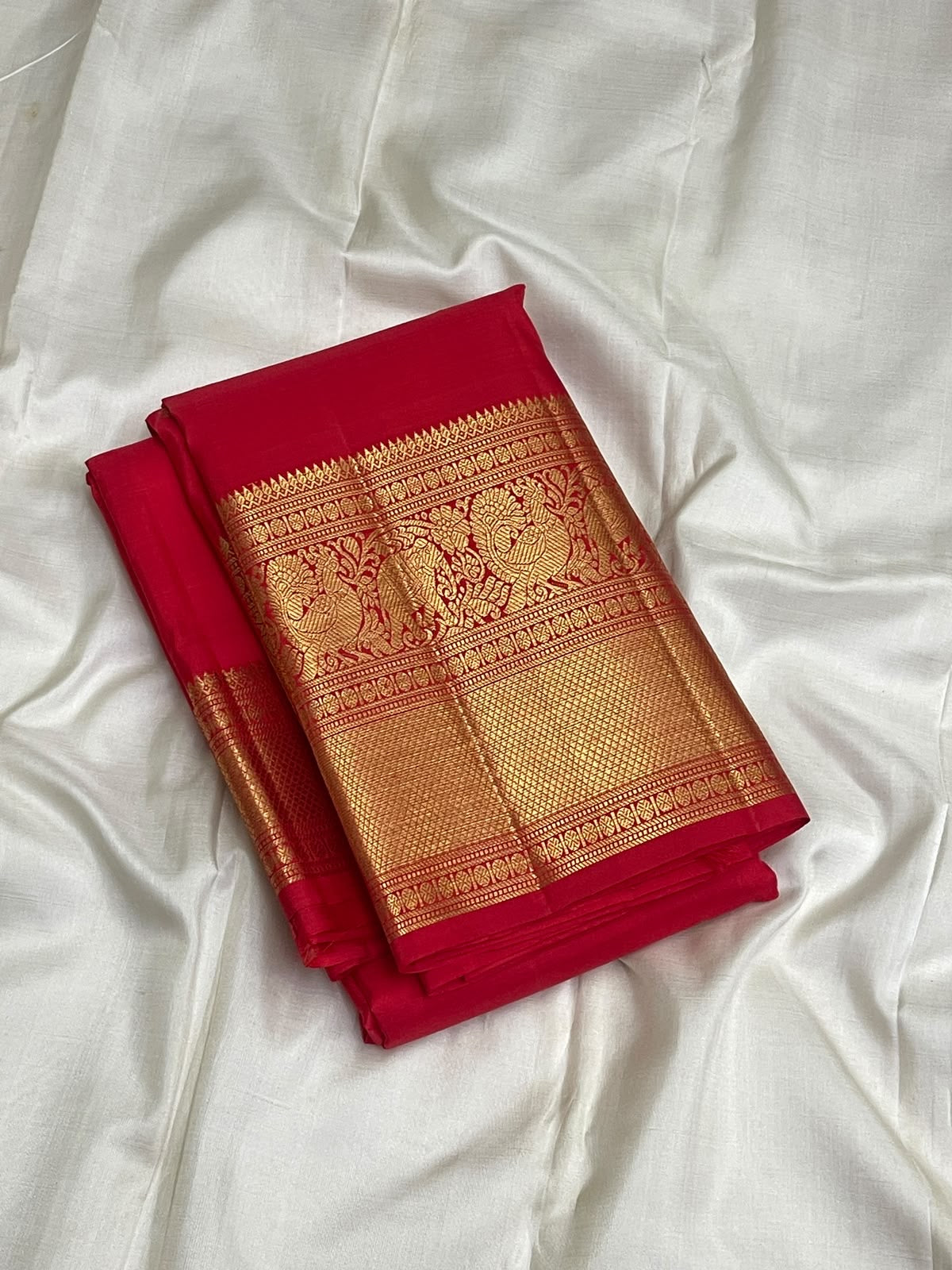 Rich antique-gold border with traditional woven registers on red pure silk Kanjivaram saree.