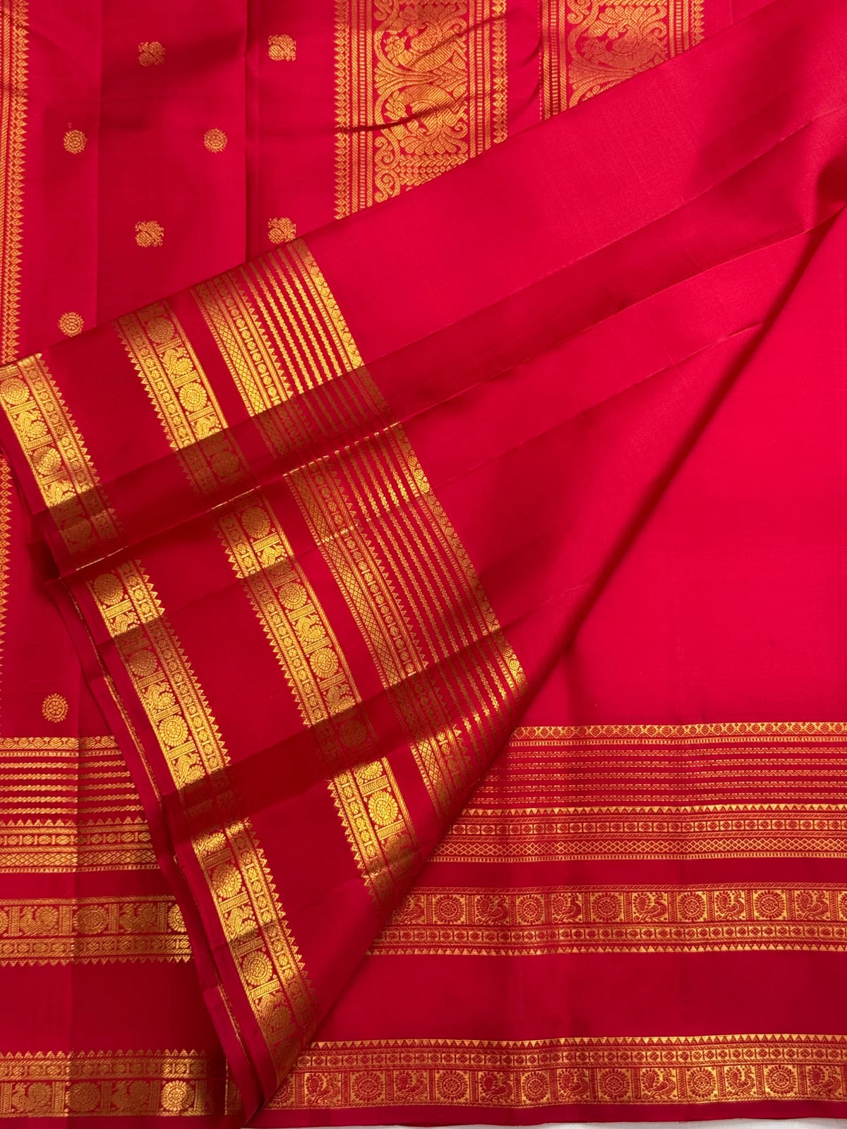 Red handwoven zari kattam saree, close view