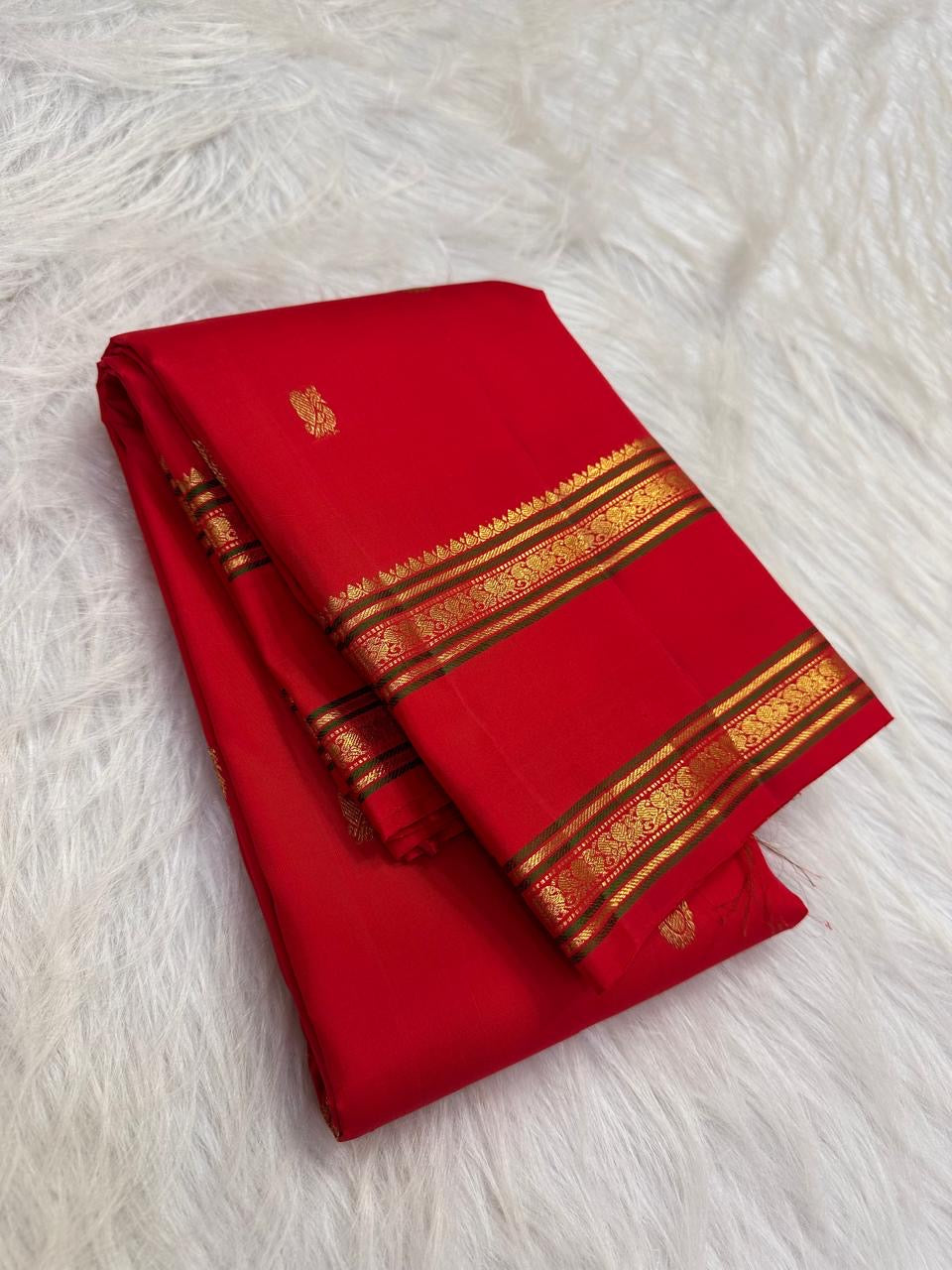 Pillar-Box Red Handwoven Pure Silk Kanchipuram Rettapet Saree with Mayil and Paisley Gold Zari Buttas