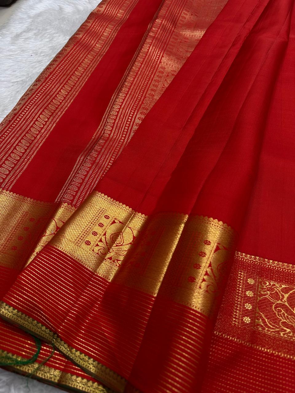 Vermilion Red Handwoven Pure Silk Kanchipuram Saree with Gaja Elephant Border
