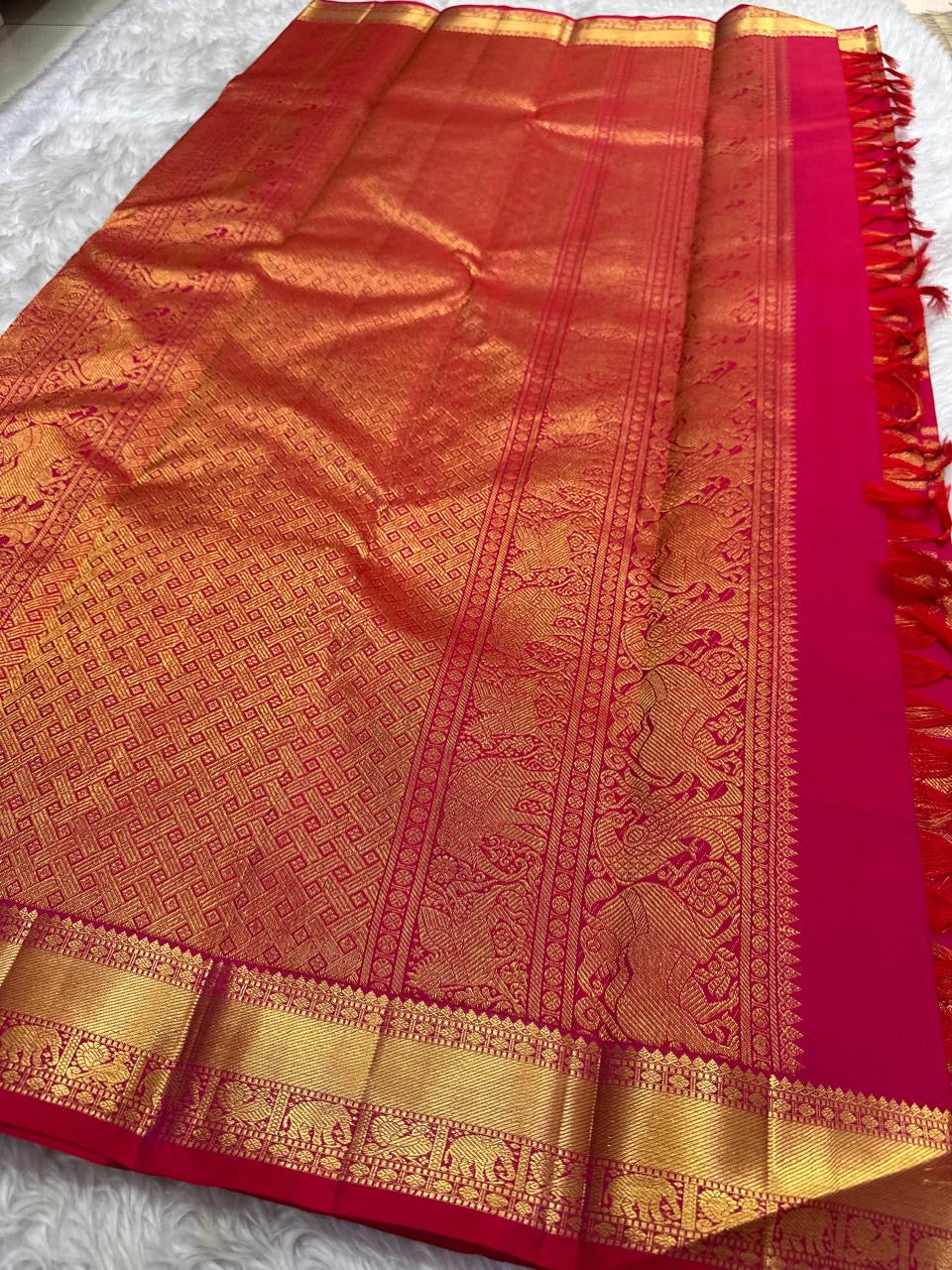 Vermilion Red Handwoven Pure Silk Kanchipuram Saree with Zari Kattam Border