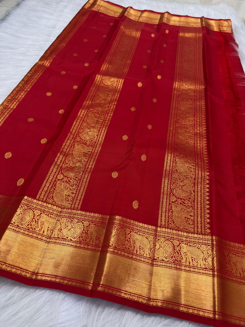 Kumkum Red Handwoven Pure Silk Kanjivaram Saree with Mayil Zari Buttas and Elephant Peacock Zari Border