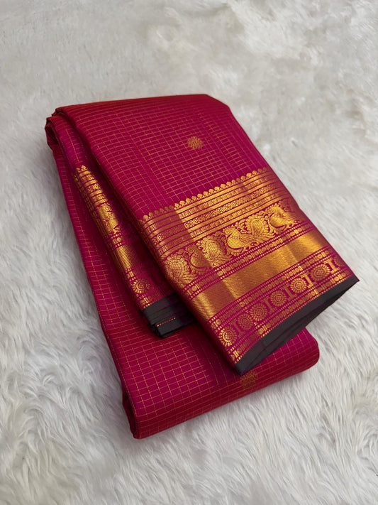 Red Kanchipuram silk saree with zari kattam checks and antique gold border folded view