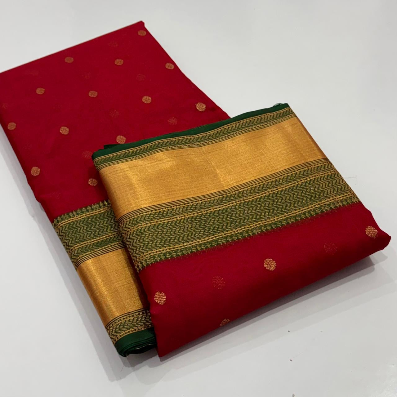 Red Handwoven Katan Silk Chanderi Saree with Gold Butti and Green Chevron Border