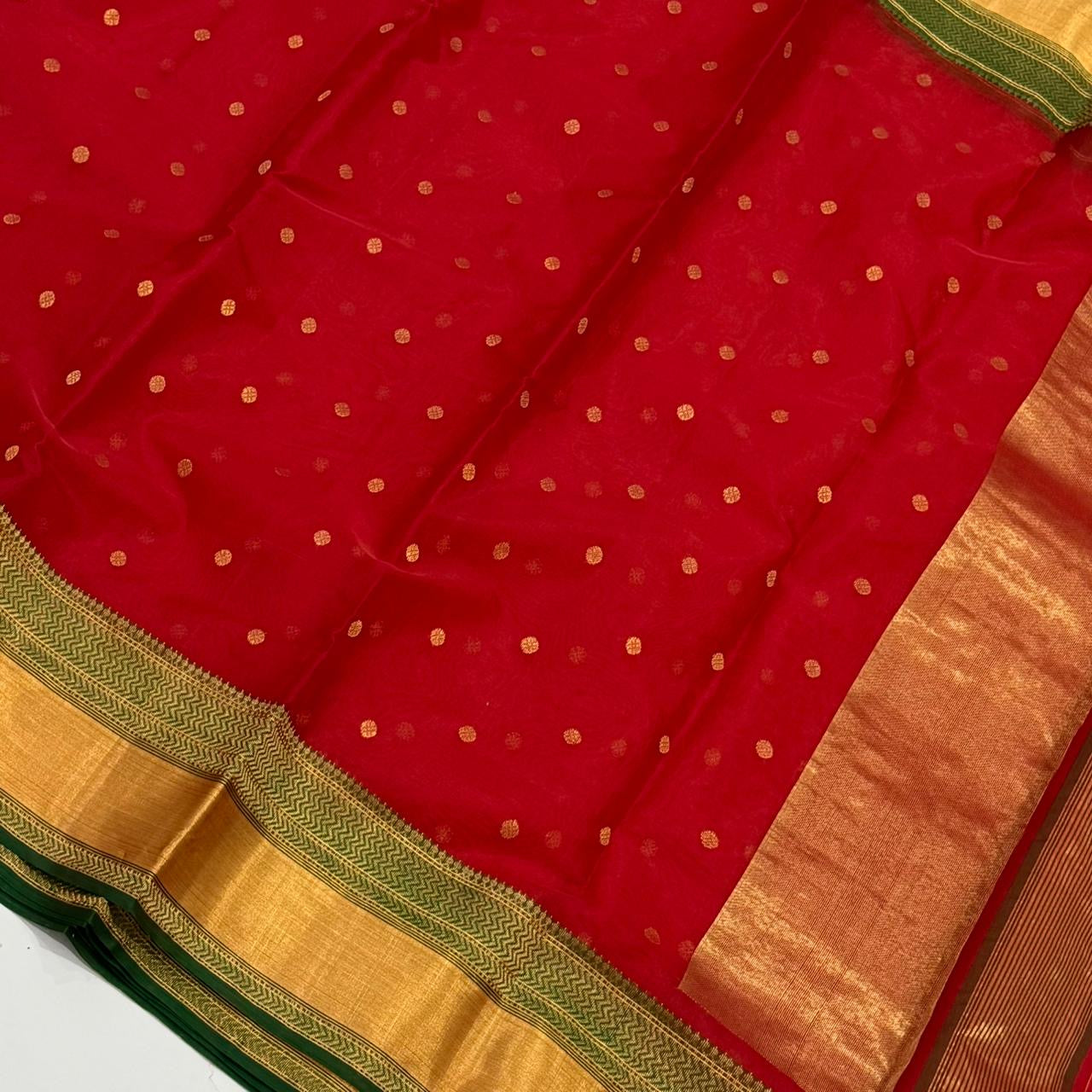 Red Handwoven Katan Silk Chanderi Saree with Gold Butti and Green Chevron Border