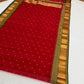 Red Handwoven Katan Silk Chanderi Saree with Gold Butti and Green Chevron Border