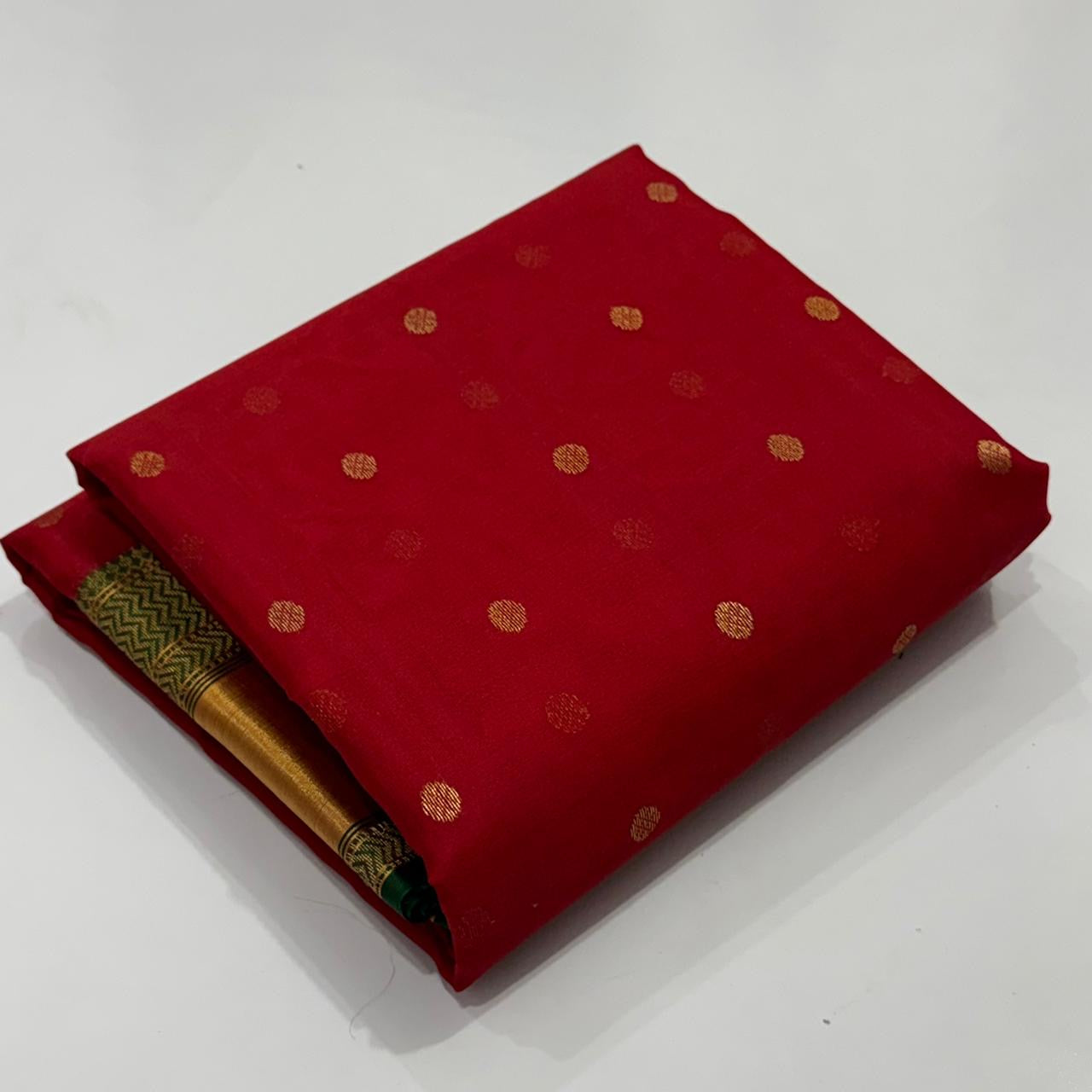 Red Handwoven Katan Silk Chanderi Saree with Gold Butti and Green Chevron Border