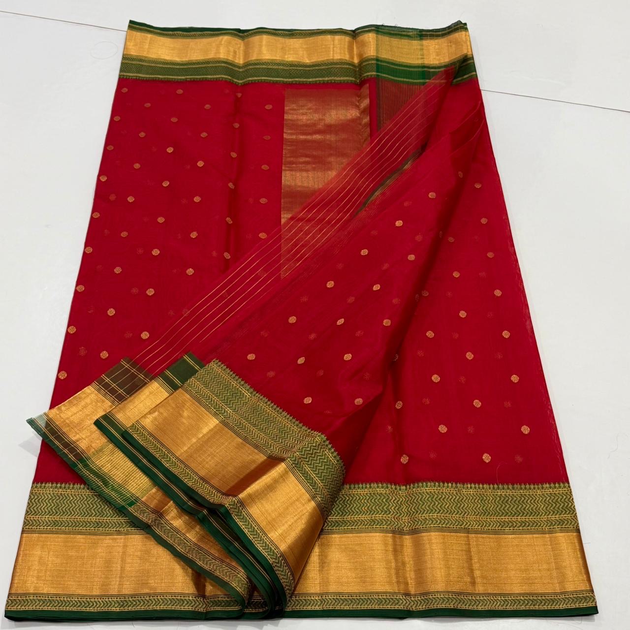 Red Handwoven Katan Silk Chanderi Saree with Gold Butti and Green Chevron Border