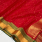 Red Handwoven Katan Silk Chanderi Saree with Gold Butti and Green Chevron Border