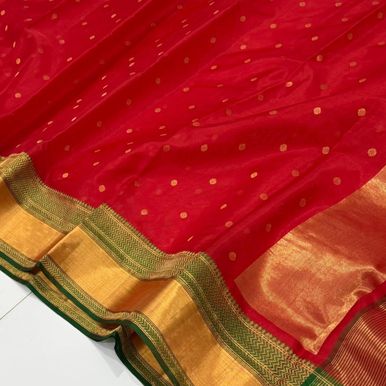 Red Handwoven Katan Silk Chanderi Saree with Gold Butti and Green Chevron Border