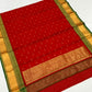 Red Handwoven Katan Silk Chanderi Saree with Gold Butti and Green Chevron Border