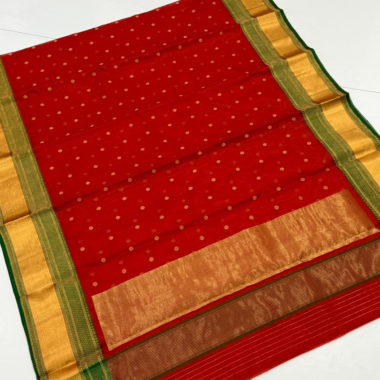 Red Handwoven Katan Silk Chanderi Saree with Gold Butti and Green Chevron Border