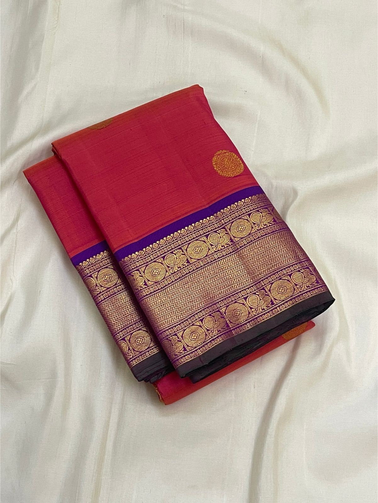 Coral Red handwoven pure silk Kanjeevaram saree with amethyst Korvai border — Idam Living