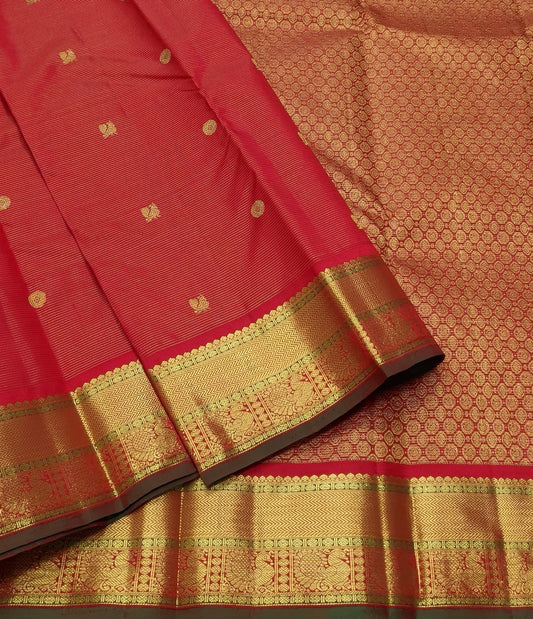 Red and Manthulir Green Handwoven Pure Silk Kanjivaram Saree with Floral Butta and Vairaoosi Weave