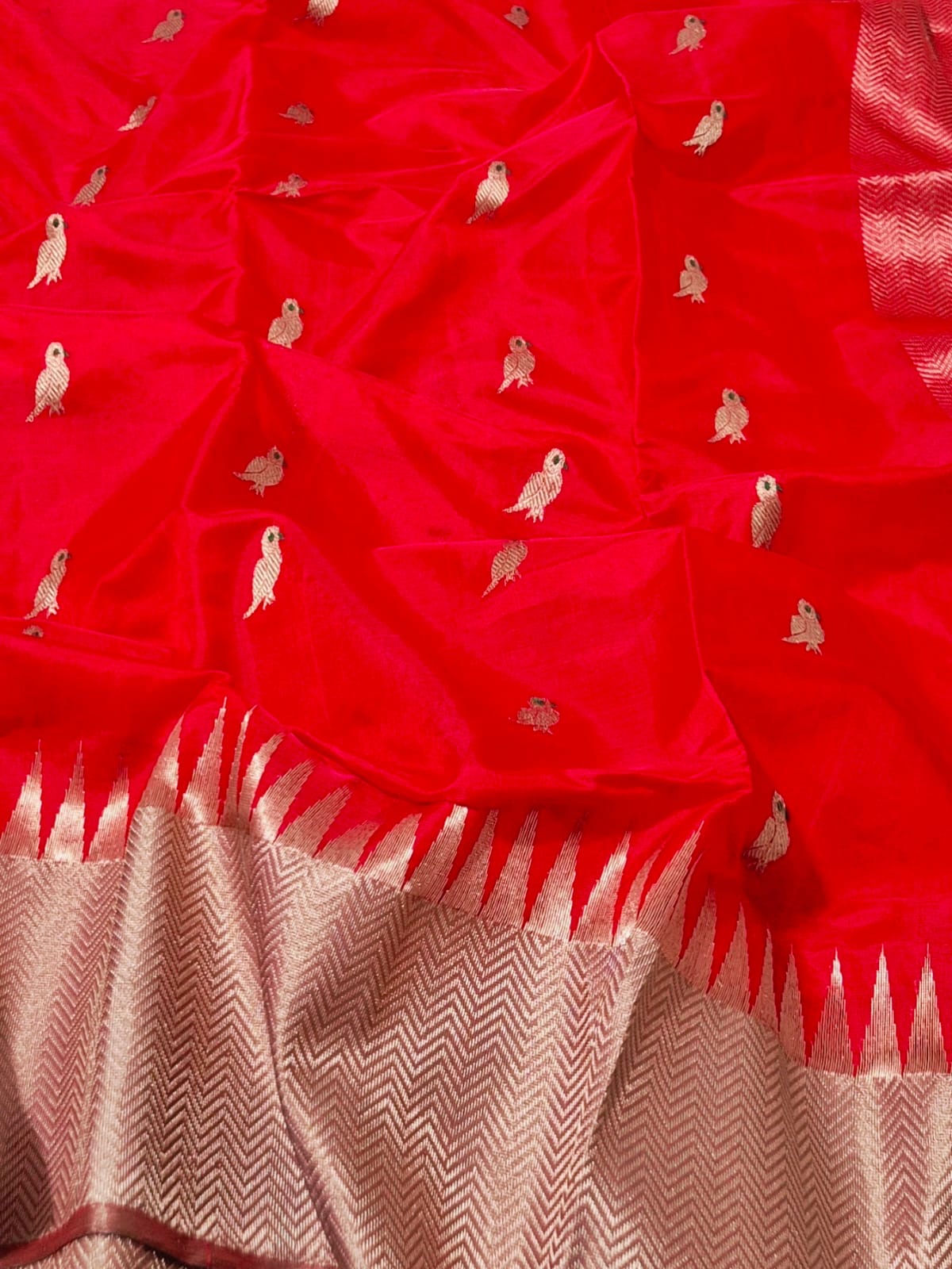 Red Minakari parrot Chanderi silk saree with broad metallic woven border