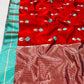 Red and Aqua Blue Chanderi silk saree showing floral buttas, contrast border and metallic striped pallu