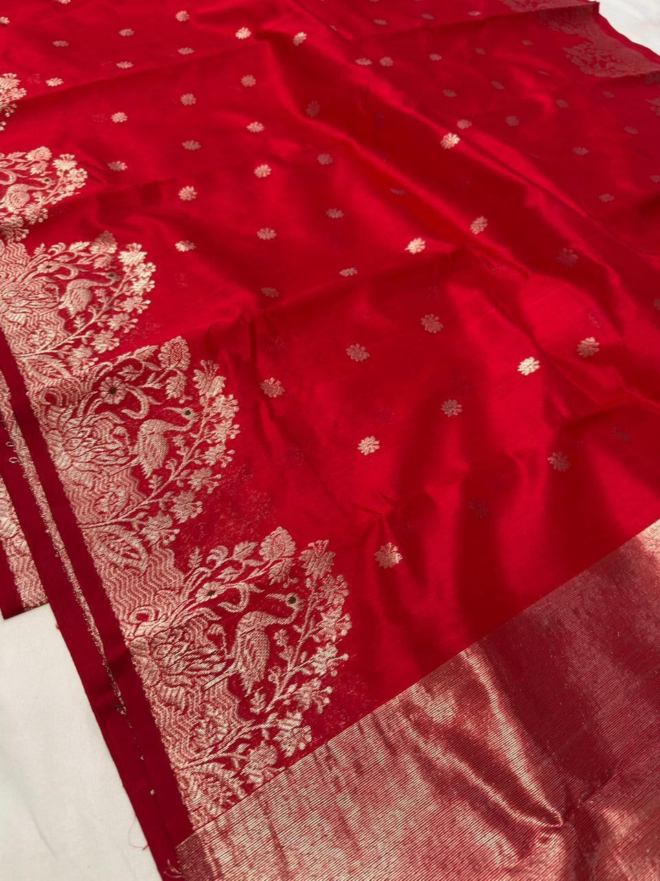Deep red Pattu Silk Chanderi handloom saree