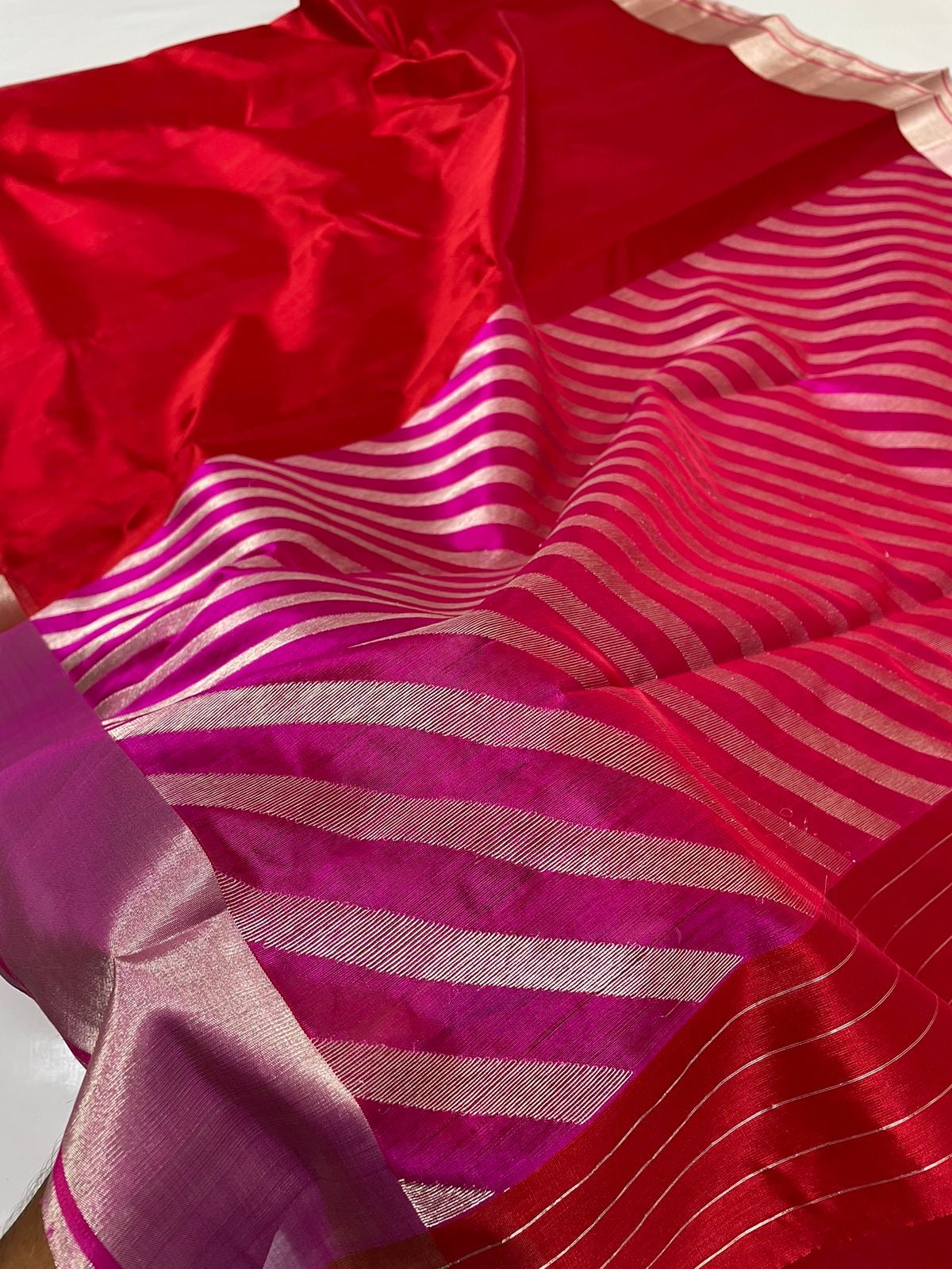 Red Handwoven Pattu Silk Chanderi Saree with Magenta Gold-Striped Pallu