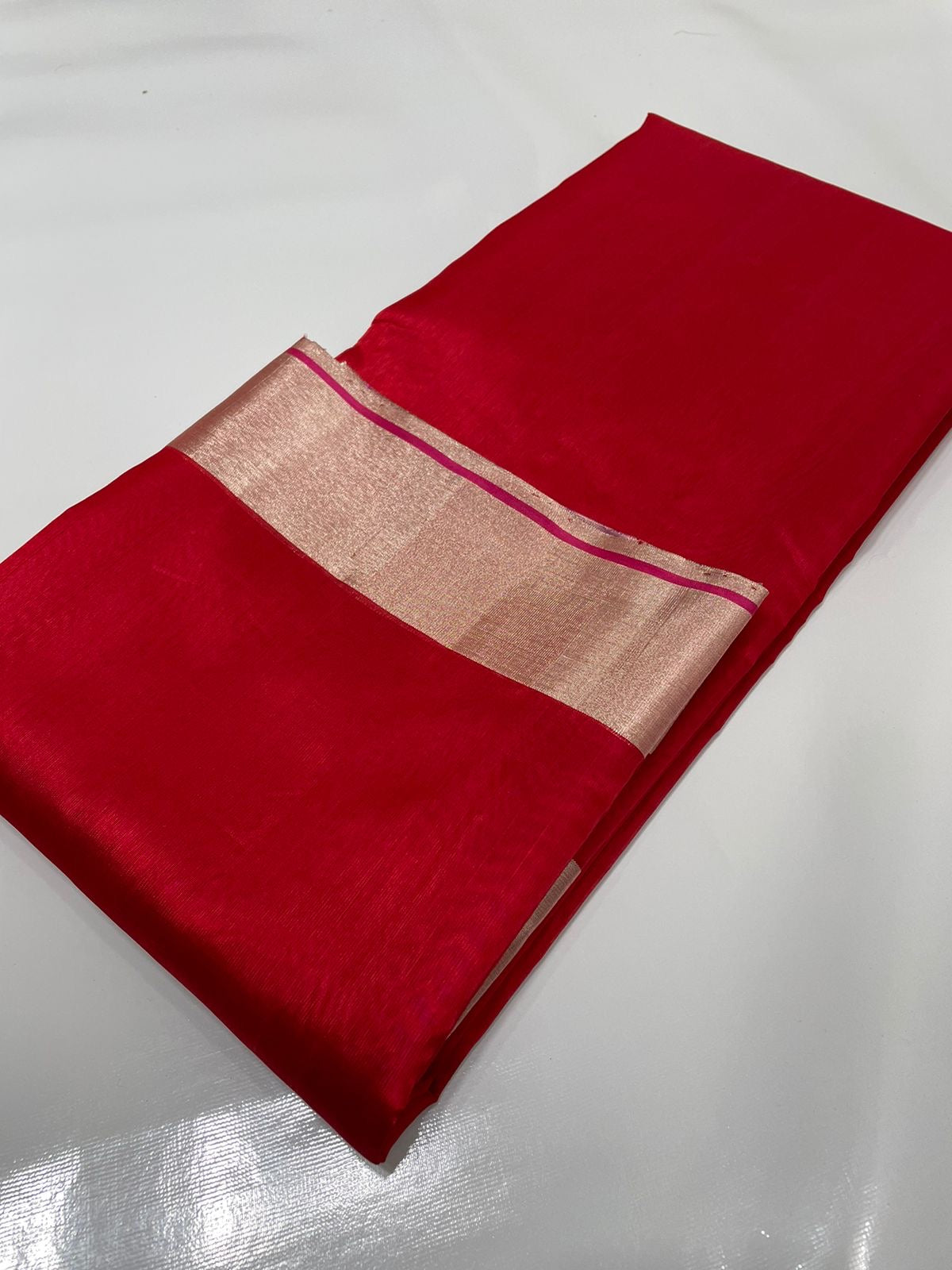 Red Handwoven Pattu Silk Chanderi Saree with Magenta Gold-Striped Pallu