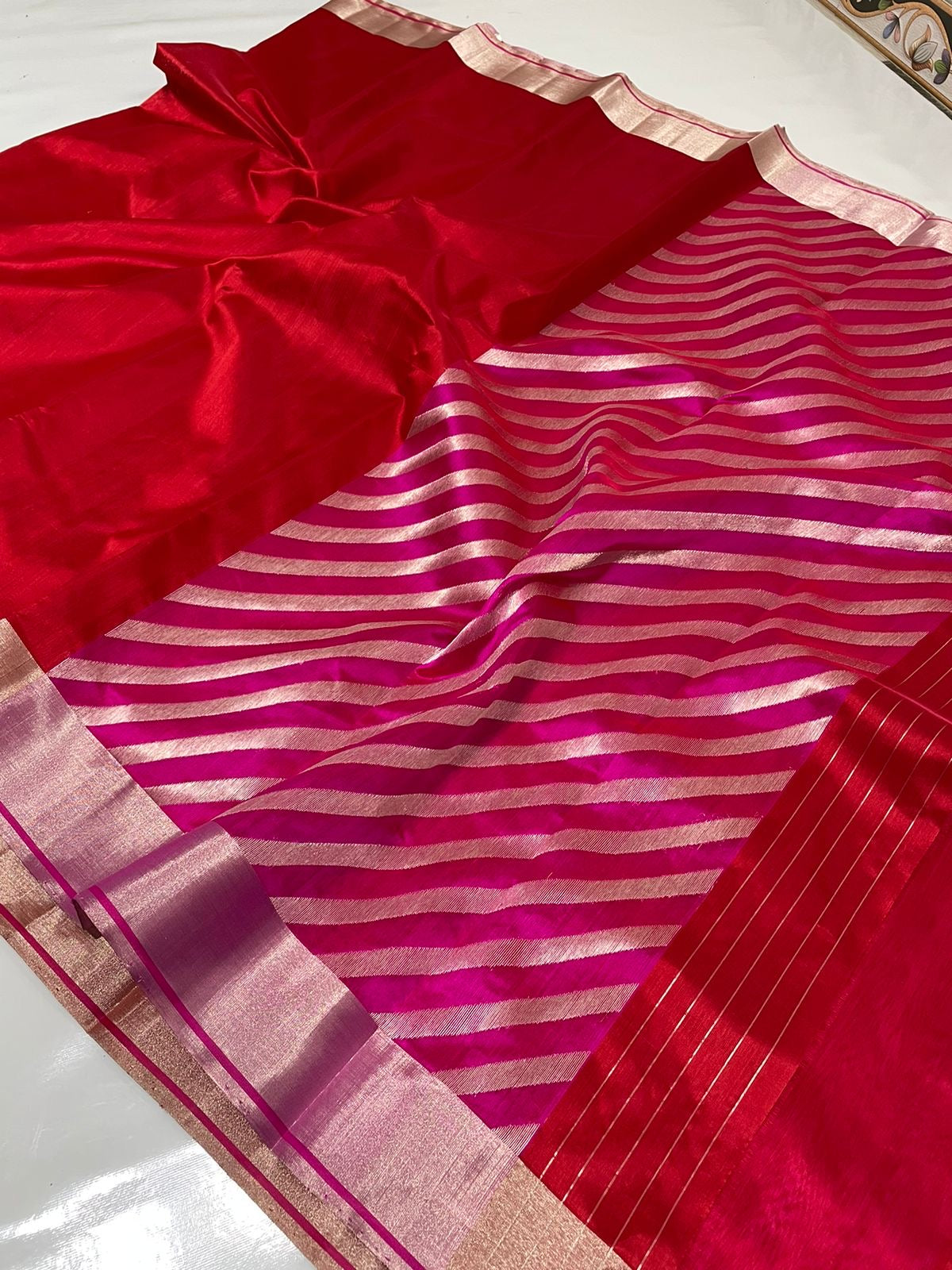 Red Handwoven Pattu Silk Chanderi Saree with Magenta Gold-Striped Pallu