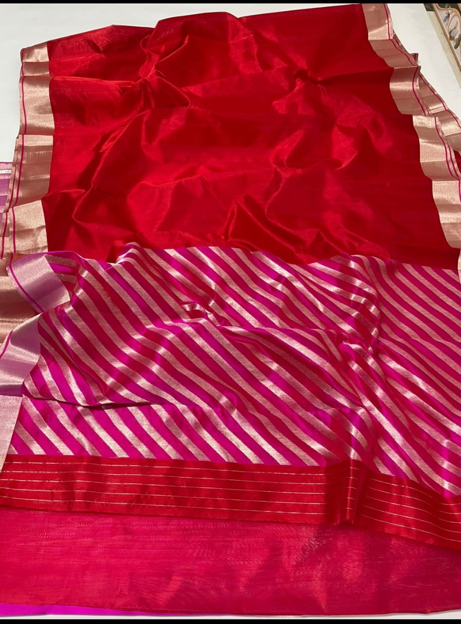 Red Handwoven Pattu Silk Chanderi Saree with Magenta Gold-Striped Pallu