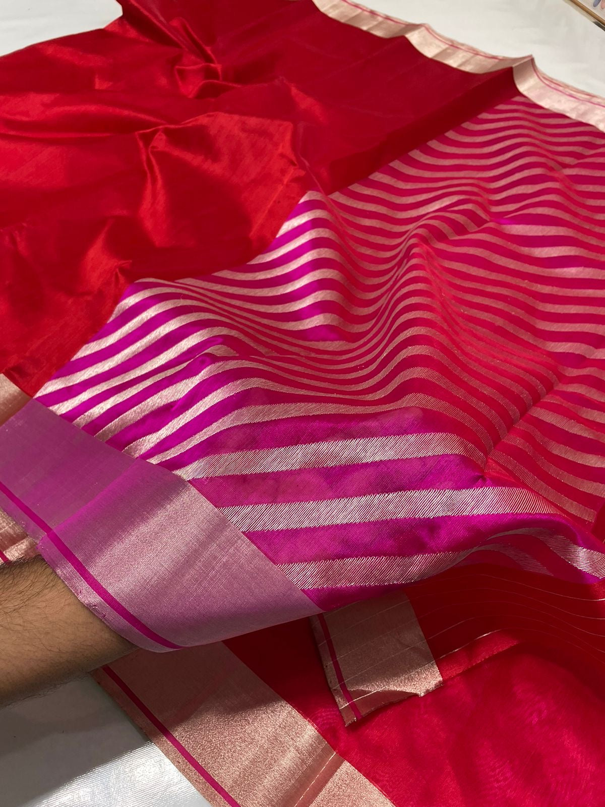 Red Handwoven Pattu Silk Chanderi Saree with Magenta Gold-Striped Pallu
