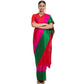 Handwoven red Chanderi silk saree with contrasting pink and green border