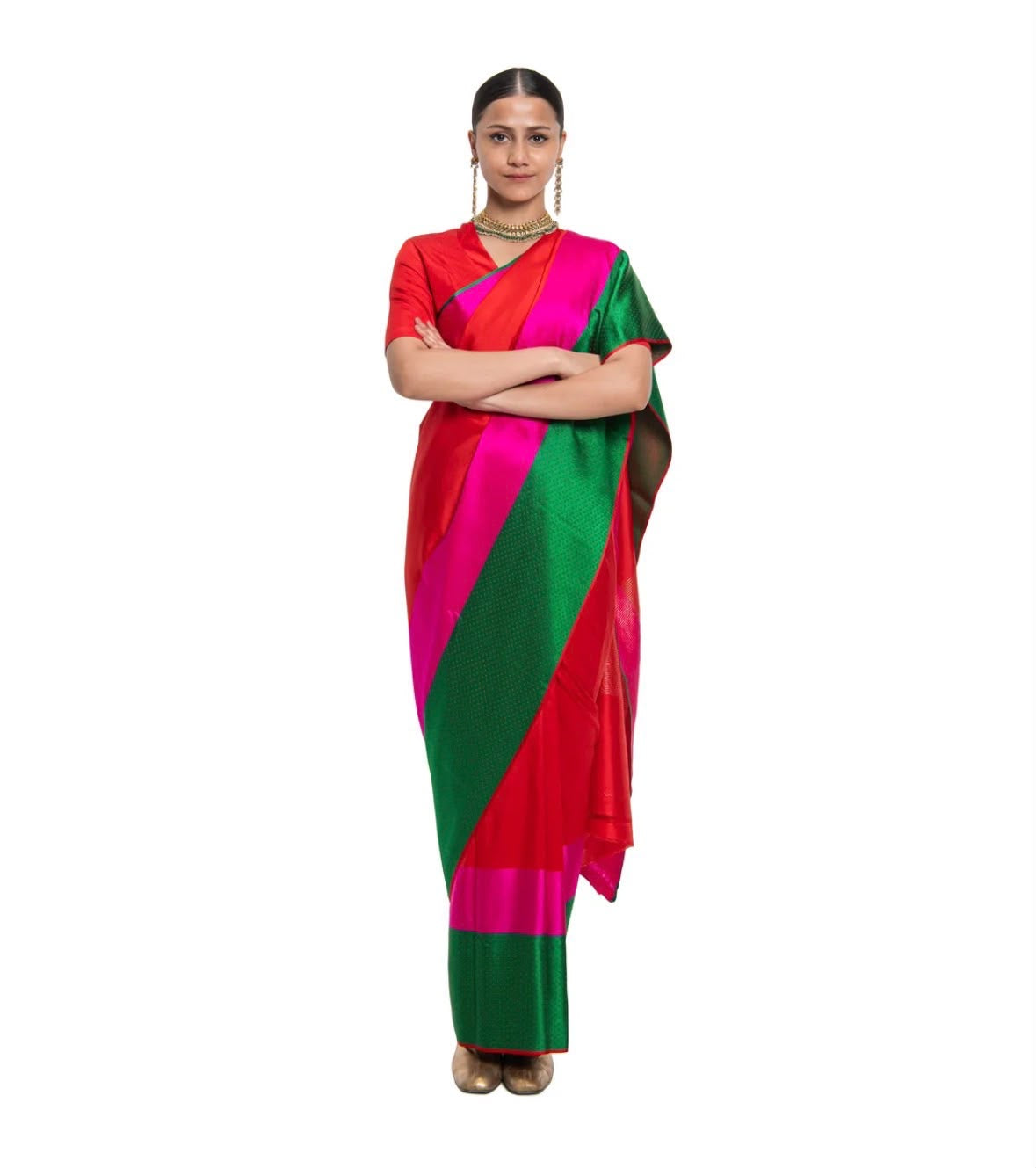 Handwoven red Chanderi silk saree with contrasting pink and green border