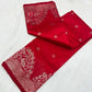 Deep red Pattu Silk Chanderi saree with silver-toned floral border