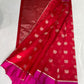 Vermilion Red and Rani Pink Pattu Silk Chanderi saree detail with repeating gold-toned floral buttas.