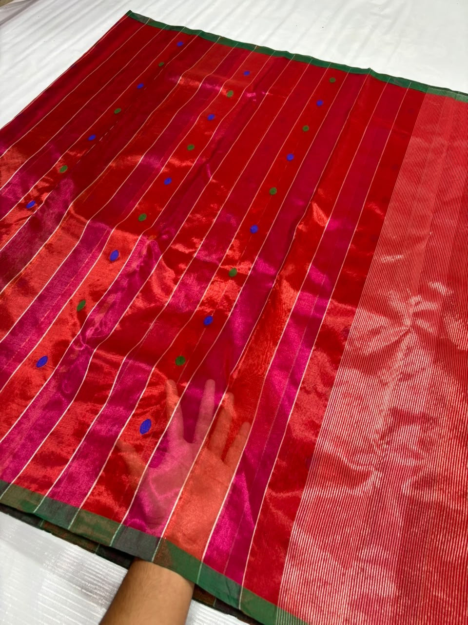 Vermilion Red and Rani Pink handloom Chanderi saree with multicolour woven buttas and narrow deep-green edge