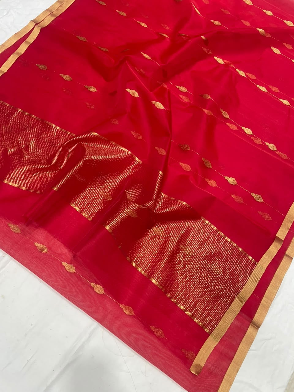 Red Pure Silk Chanderi saree with gold leaf buttas