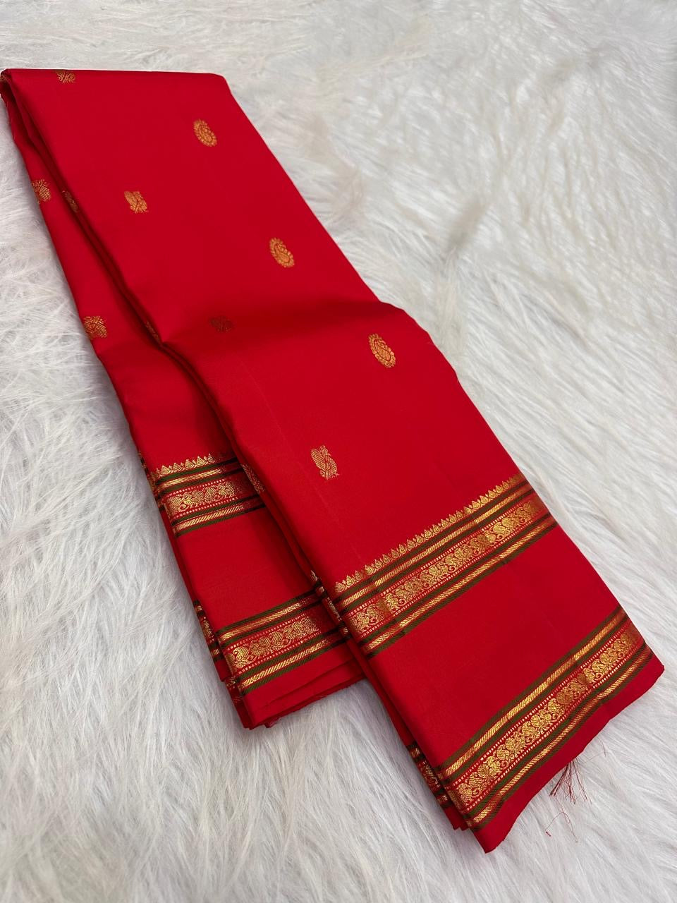 Pillar-Box Red Handwoven Pure Silk Kanchipuram Rettapet Saree with Mayil and Paisley Gold Zari Buttas