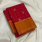 Crimson Red Handwoven Pure Silk Kanchipuram Zari Kattam Saree with Burnished Orange Gold Zari Pallu