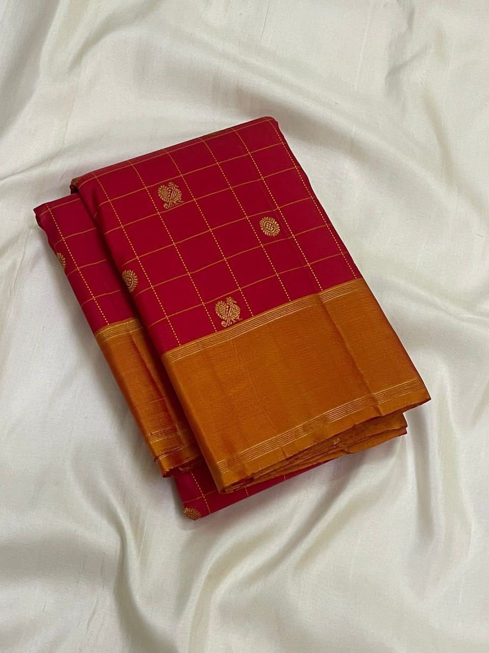 Crimson Red Handwoven Pure Silk Kanchipuram Zari Kattam Saree with Burnished Orange Gold Zari Pallu