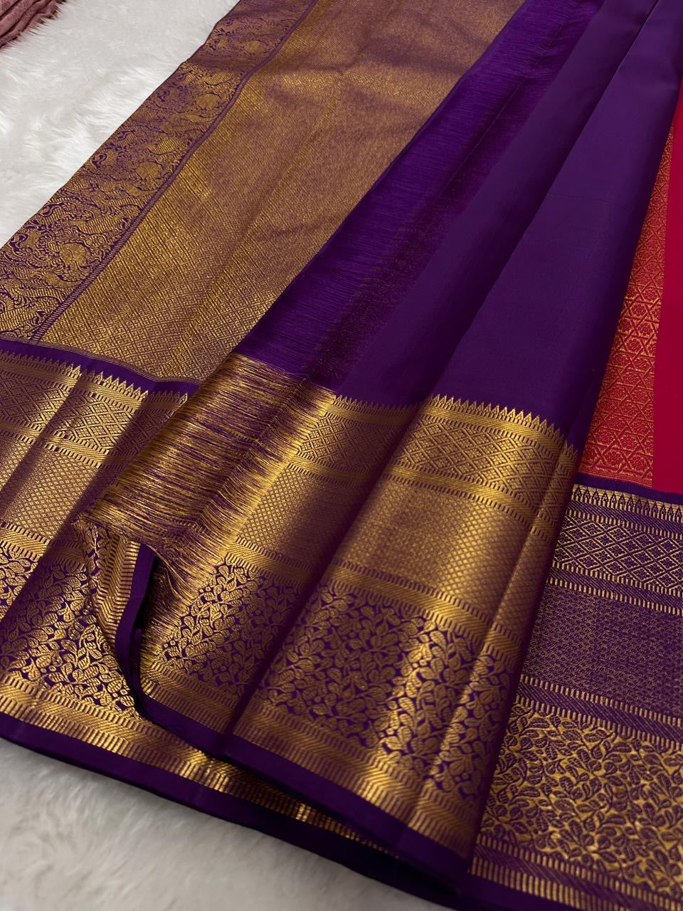 Vermilion Red, Deep Purple and gold Kanchipuram composition.