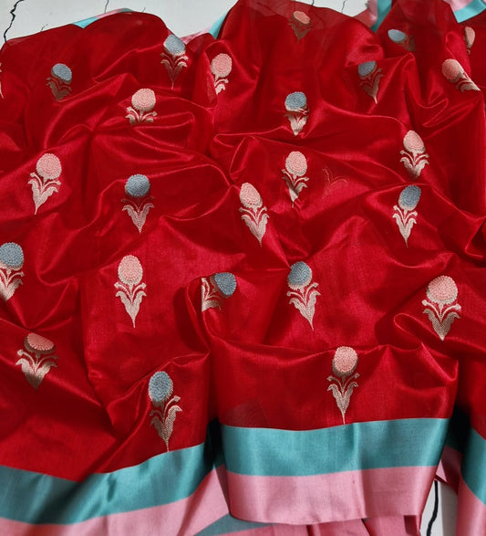 Draped view of Crimson Petal Pure Silk Chanderi Saree with Teal Border