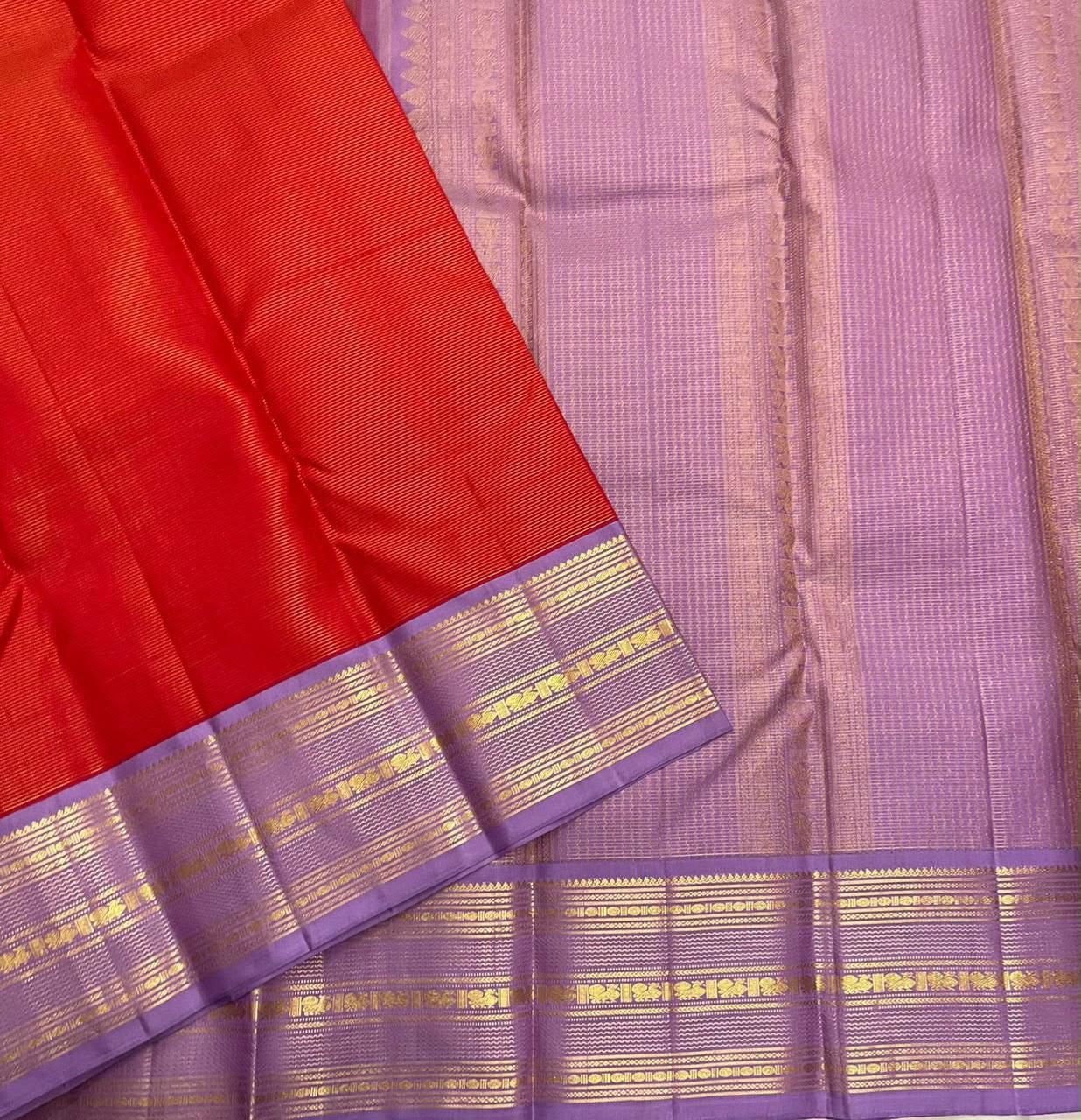 Red Vairaoosi handwoven pure silk Kancheepuram saree with lavender border — Idam Living