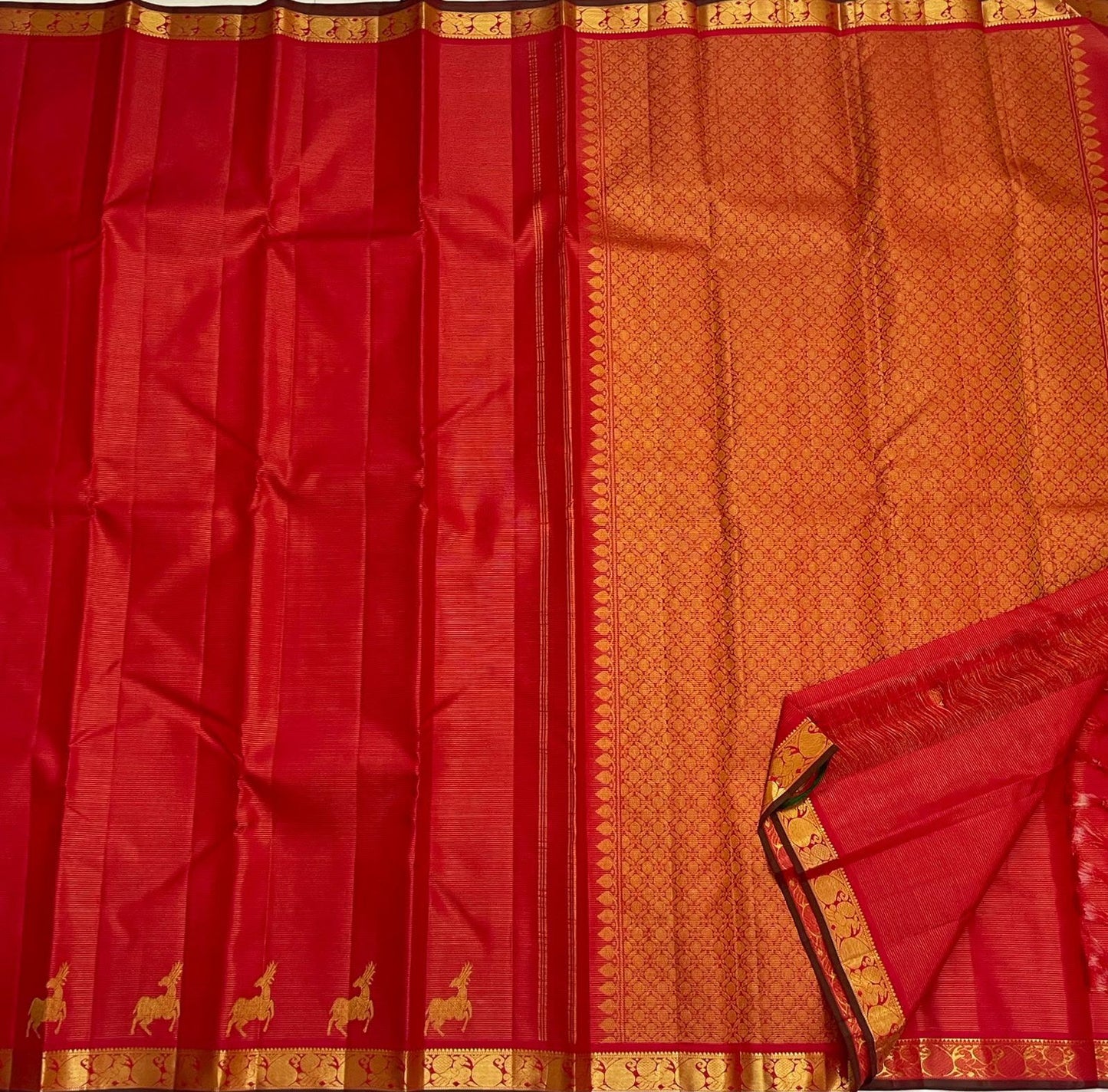 Red Handwoven Pure Silk Kanchipuram Saree with Maan Deer Butta Motifs