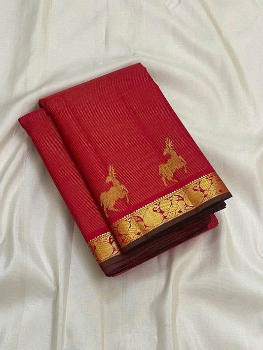 Red Handwoven Pure Silk vairaoosi Kanchipuram Saree with Maan Deer Butta Motifs