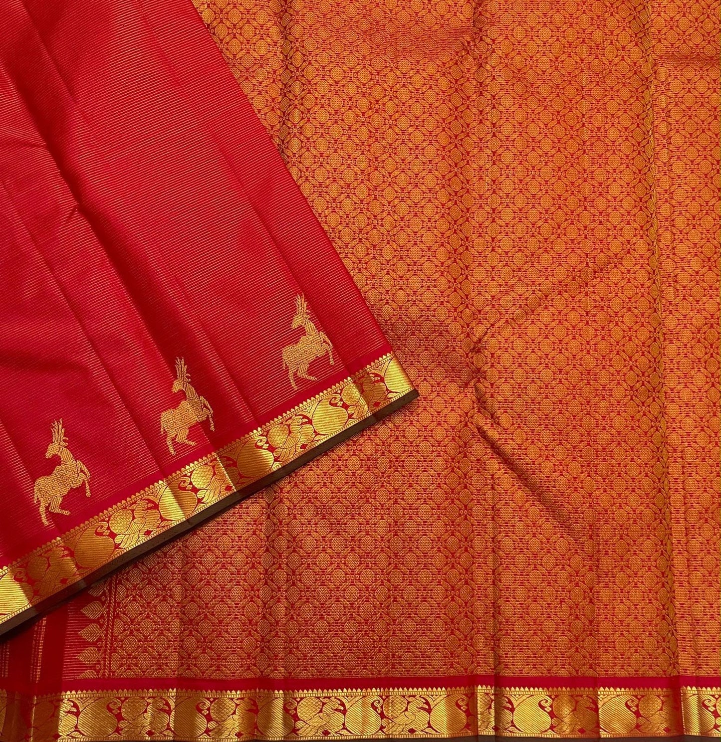 Red Handwoven Pure Silk Kanchipuram Saree with Maan Deer Butta Motifs