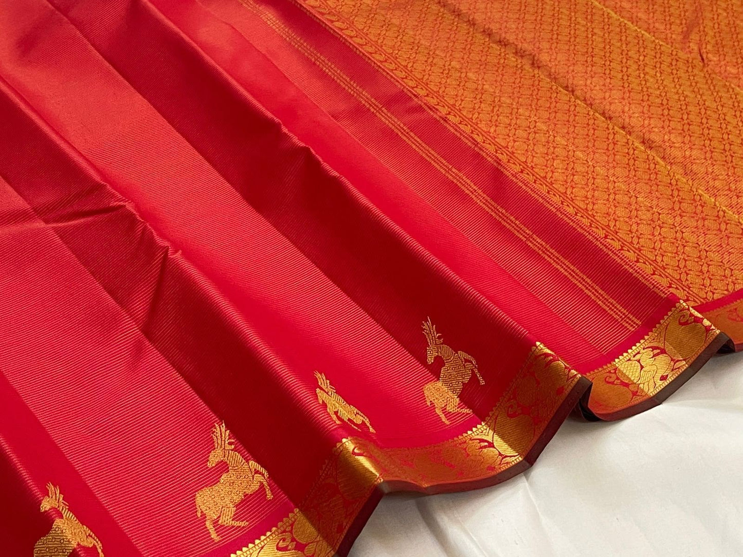 Red Handwoven Pure Silk Kanchipuram Saree with Maan Deer Butta Motifs