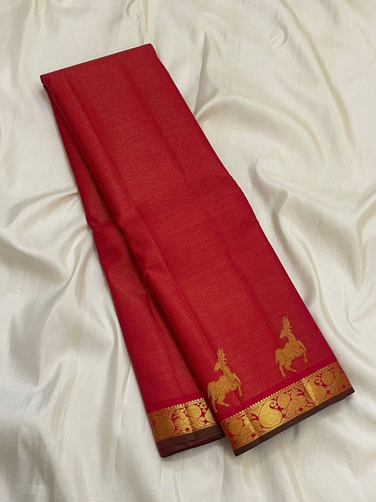 Red Handwoven Pure Silk vairaoosi Kanchipuram Saree with Maan Deer Butta Motifs