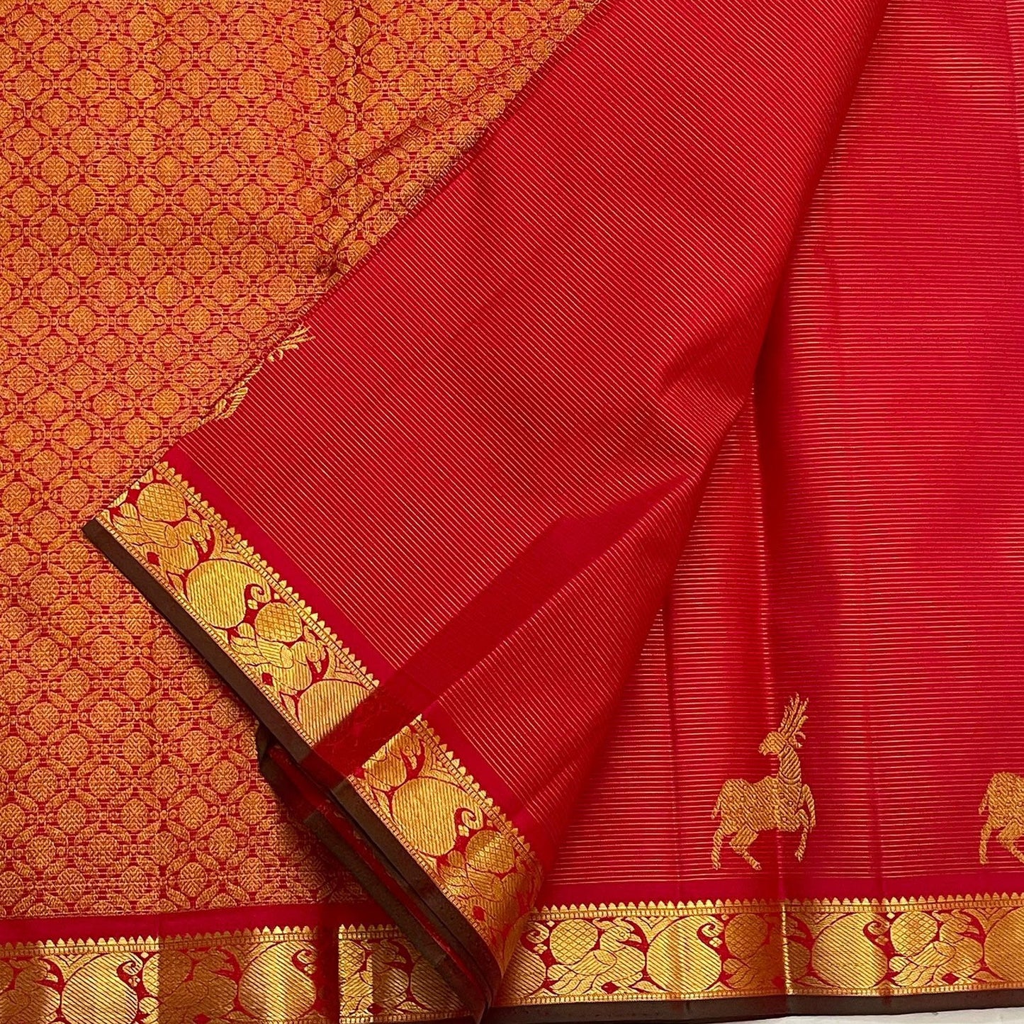 Red Handwoven Pure Silk Kanchipuram Saree with Maan Deer Butta Motifs