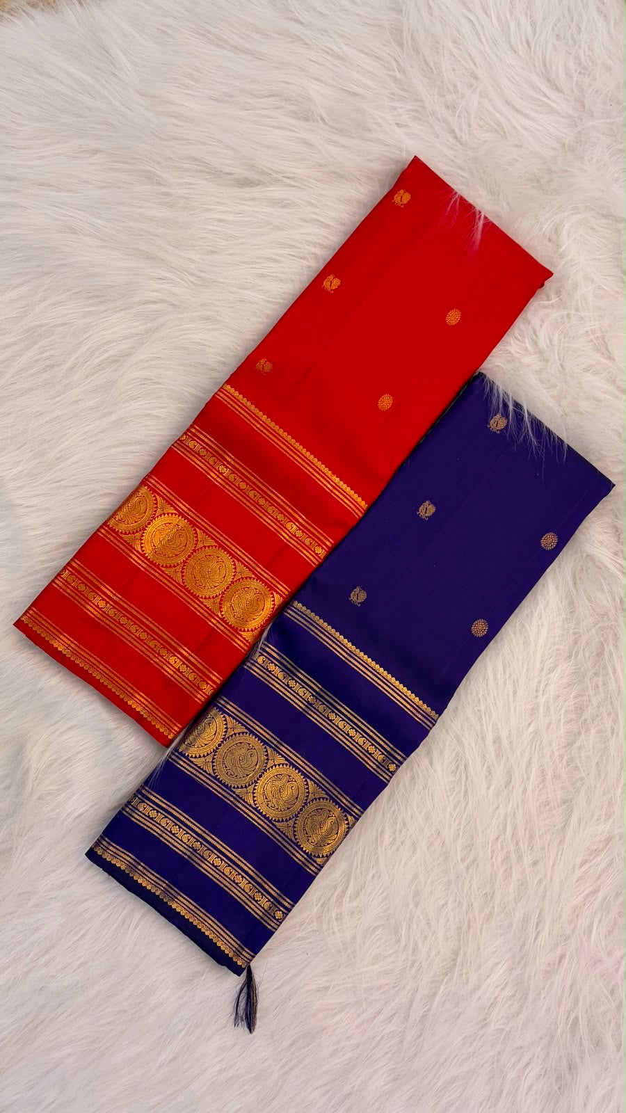 Red Handwoven Pure Silk Kanchipuram Saree with Mayil Chakram Butta and Varisaipet Border