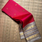 Crimson Kanchipuram silk saree with silver-grey Varisaipet border, close view